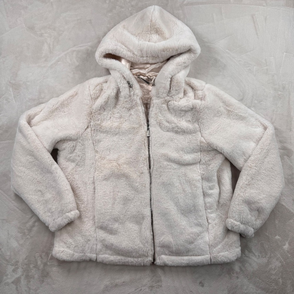 Joujou Cream Faux Fur Hooded Jacket Full Zip Plush Satin Lined Womens Large